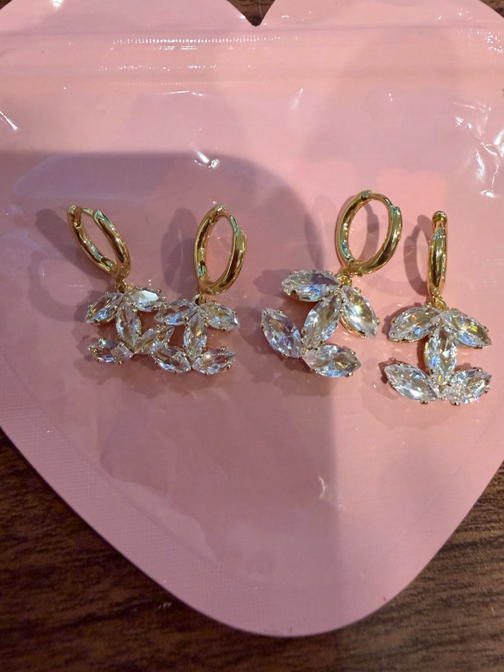 2pc Gold Crystal Floral Drop Earrings - Pink